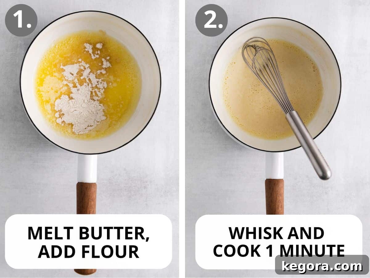 Image showing the first two steps of making gluten-free gravy: melting butter and whisking in gluten-free flour to create a roux.