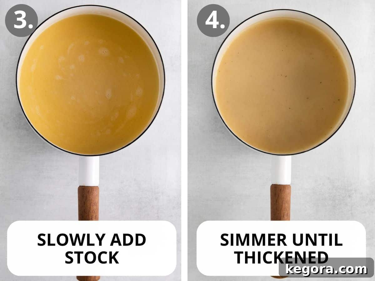 Image showing the third and fourth steps of making gluten-free gravy: adding stock to the roux and simmering until thickened.