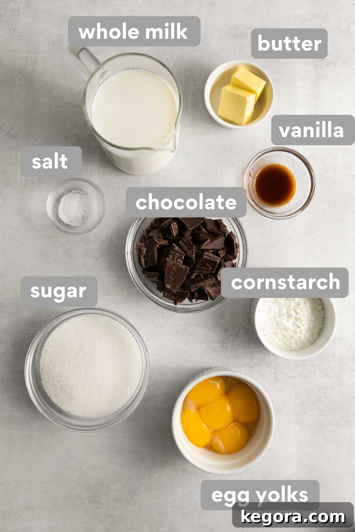 Decadent Gluten-Free Chocolate Pudding 3 A collection of fresh ingredients for homemade chocolate pudding, including milk, chocolate, eggs, sugar, and cornstarch, neatly arranged on a countertop.