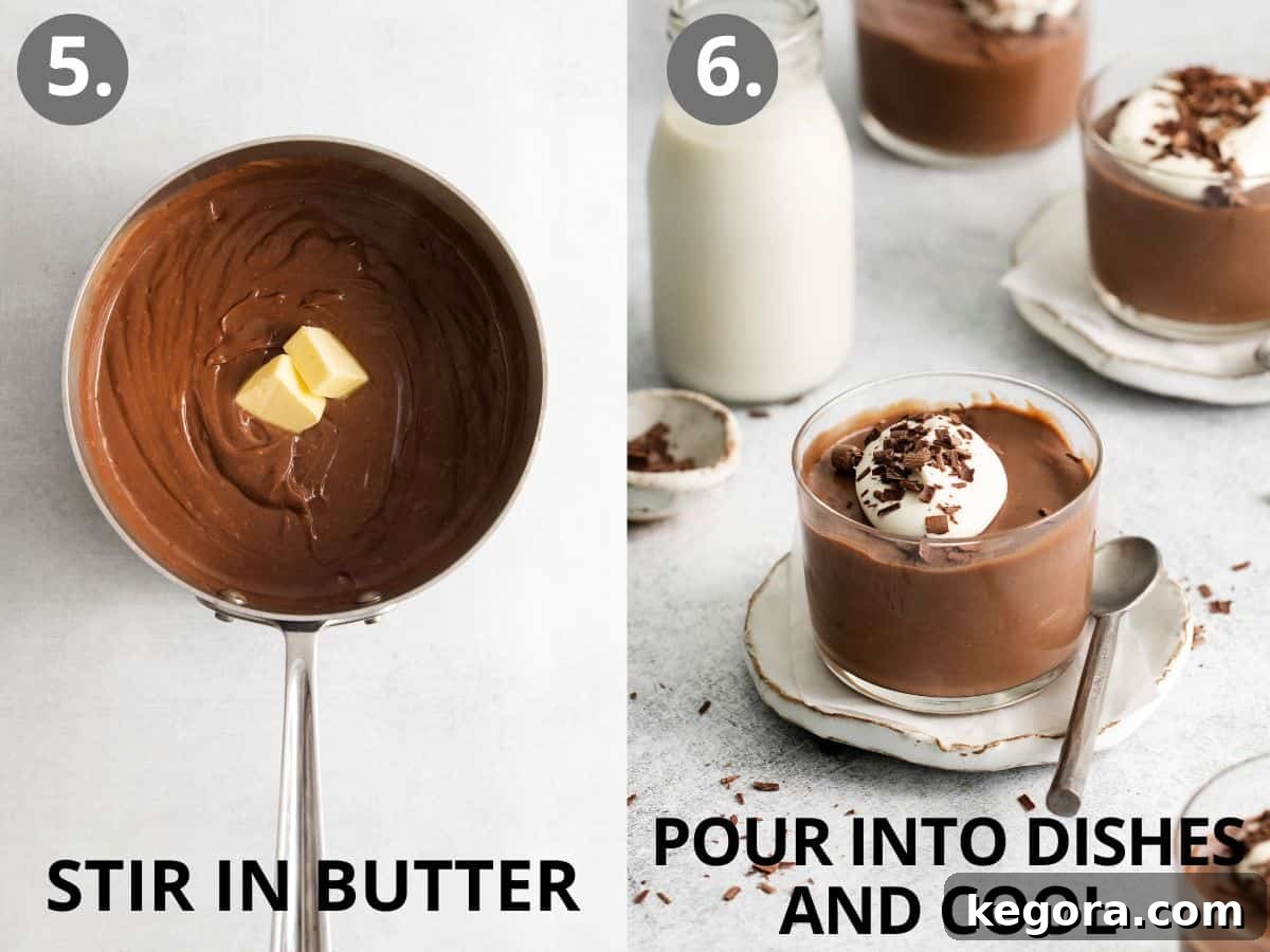 Decadent Gluten-Free Chocolate Pudding 6 Melted butter being stirred into the freshly cooked chocolate pudding in a saucepan, followed by a serving of the finished pudding in a clear glass dish.