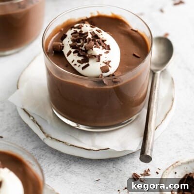 Decadent Gluten-Free Chocolate Pudding 9 A side view of rich gluten-free chocolate pudding in a ramekin, ready for a spoon.