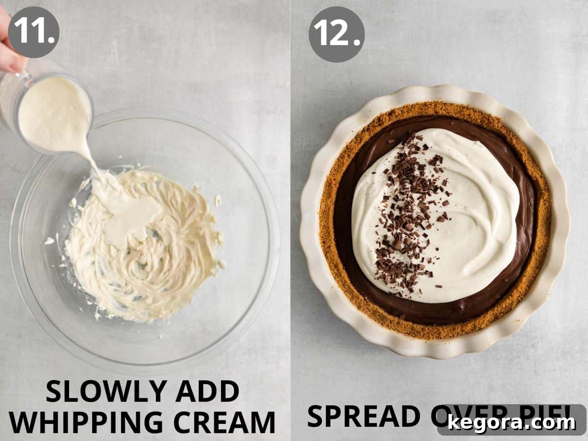 Whipped cream added to the glass mixing bowl of pie topping ingredients, and whipped topping spread over the chocolate pie