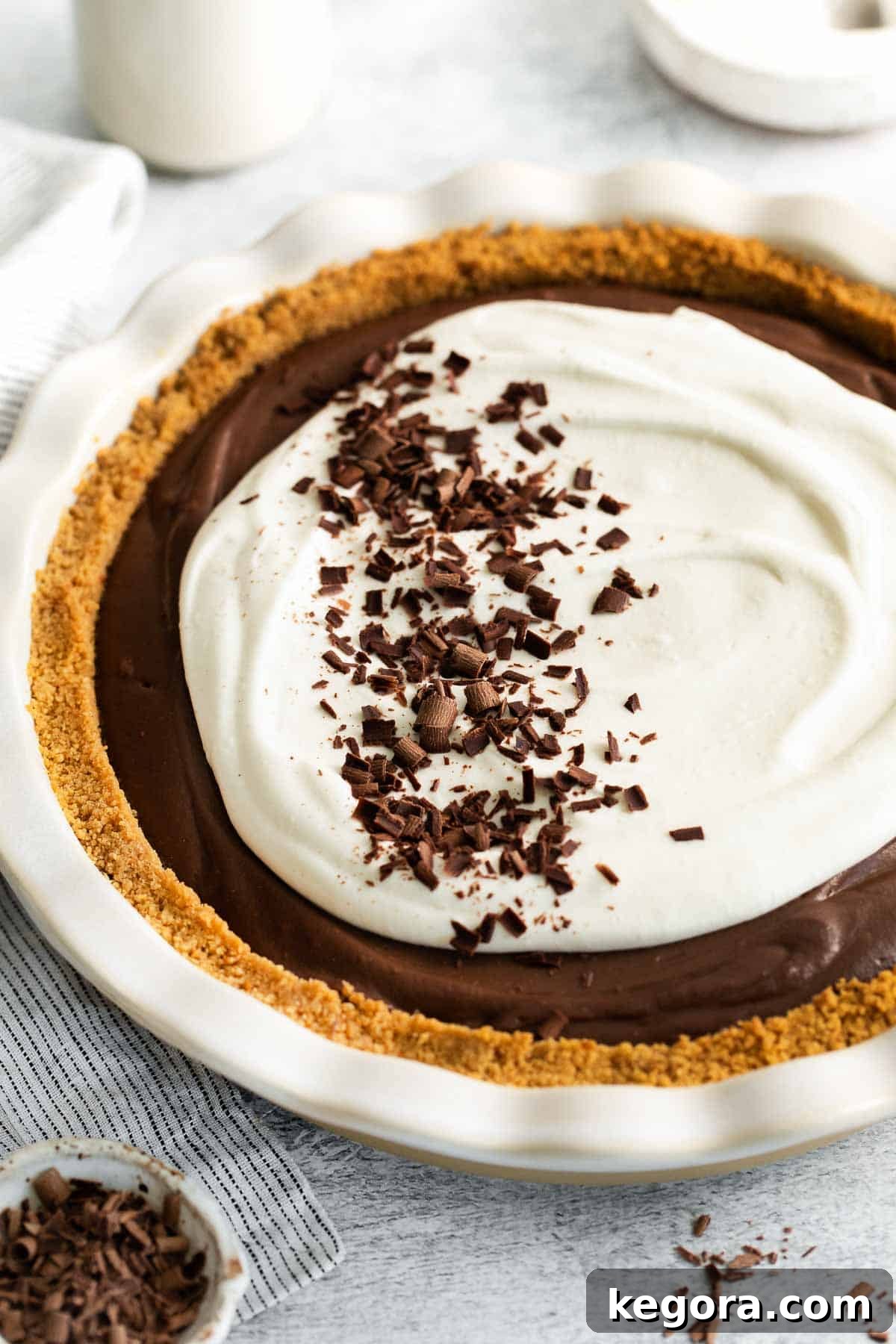 Decadent Gluten-Free Chocolate Pie 12 A close up photo of gluten-free chocolate pie in a pie dish