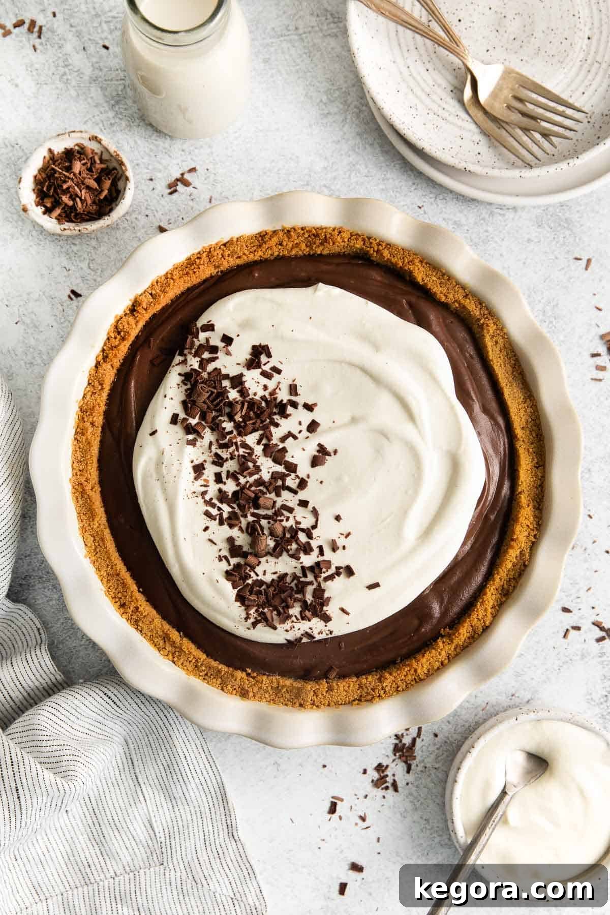A overhead view of the gluten-free chocolate pie in a pie dish
