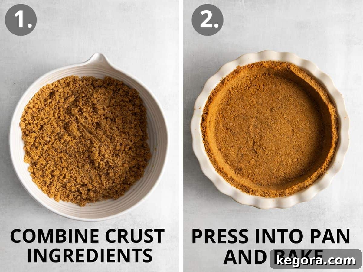 Crust ingredients in a pie pan, and crust ingredients pressed down into the pie dish