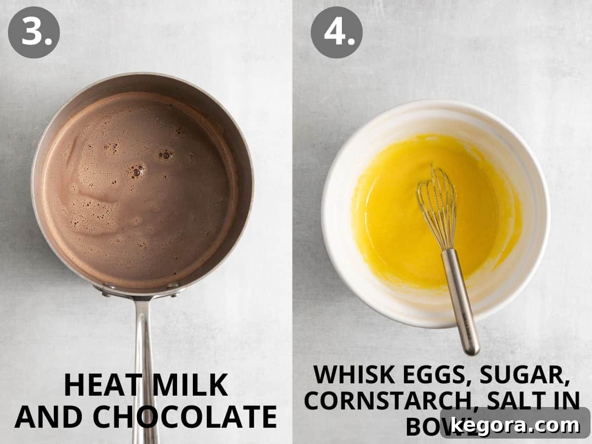 Milk and chocolate in a sauce pan, and eggs, sugar, cornstarch, and salt in a mixing bowl with a whisk