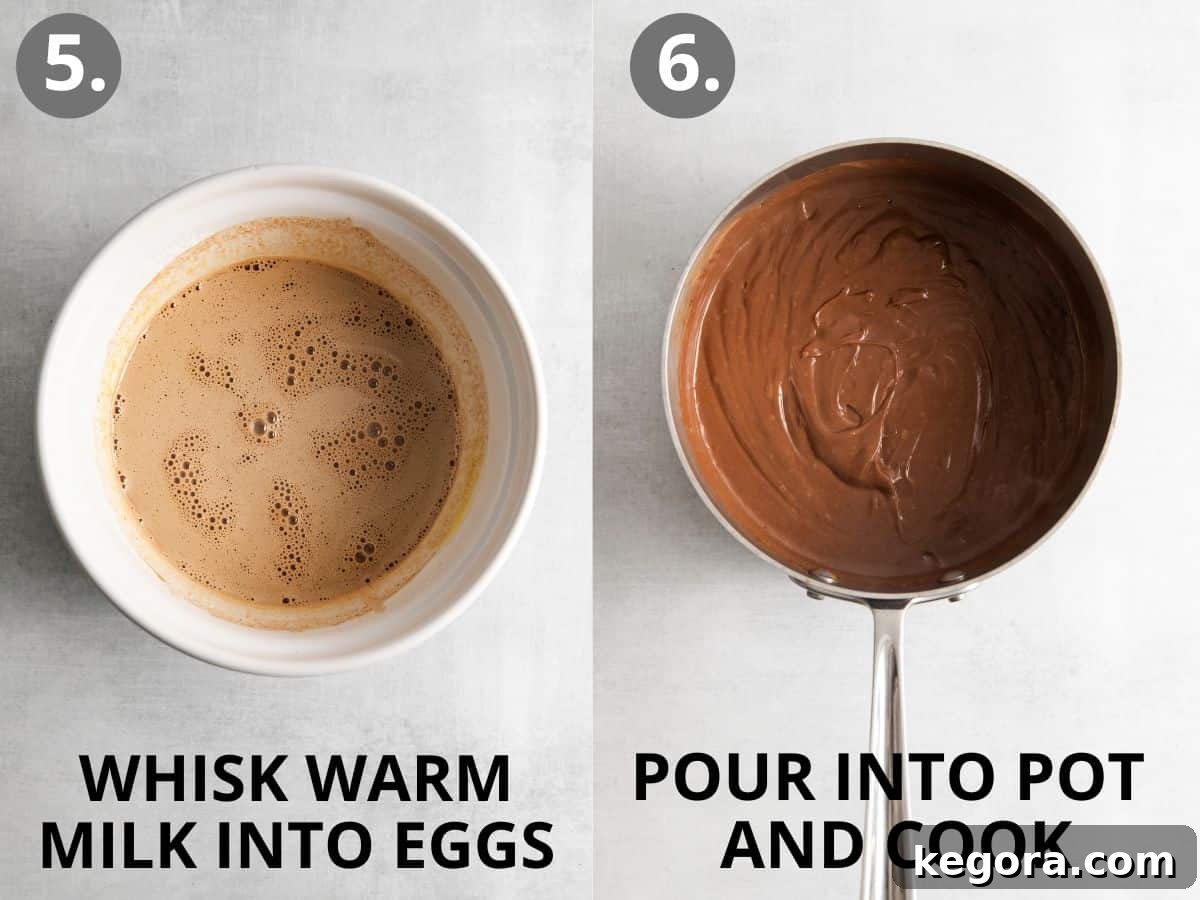 Eggs and milk in a bowl, with eggs mixed in, and the mixture poured into a sauce pan