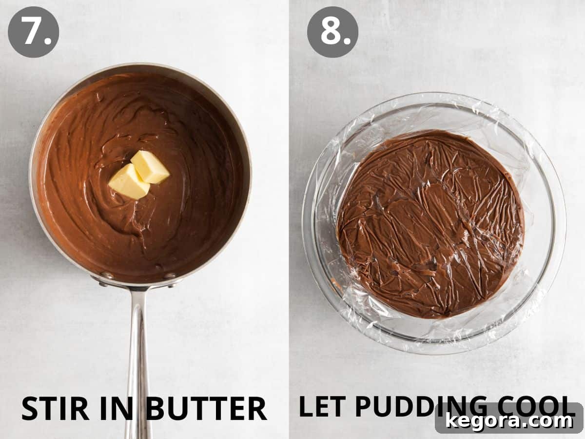 Butter added to the sauce pan of pie filling ingredients, and pudding cooling in a glass bowl
