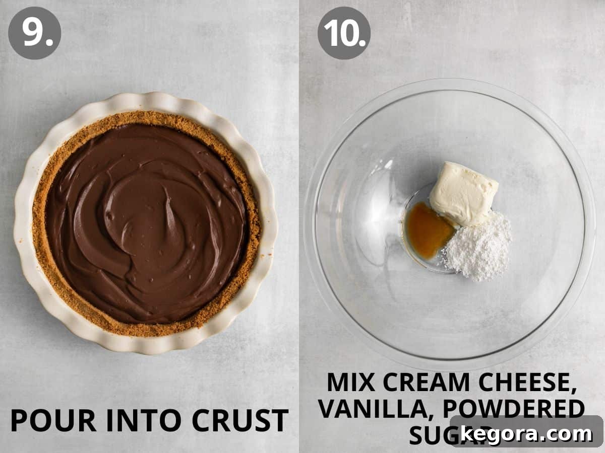 Chocolate pie filling poured into the graham cracker crust in a pie dish, and cream cheese, vanilla, and powdered sugar poured together in a glass mixing bowl