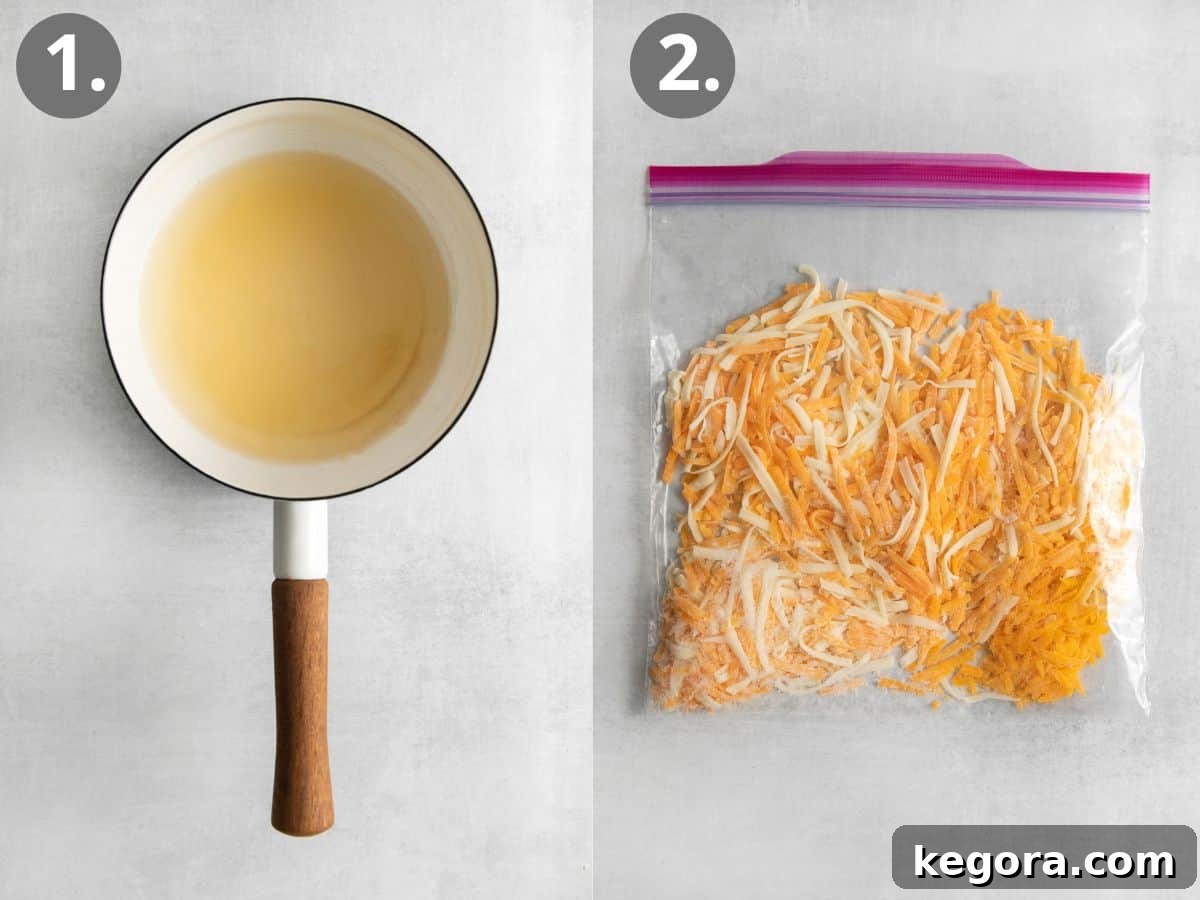 Roux being prepared in a saucepan, and freshly shredded cheeses in a bag, ready for the sauce.