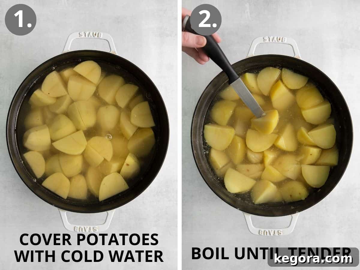 Velvety Dairy-Free Mashed Potatoes 5 Potatoes in a pot with cold water, and boiled potatoes with a fork stuck in one of them indicating tenderness.