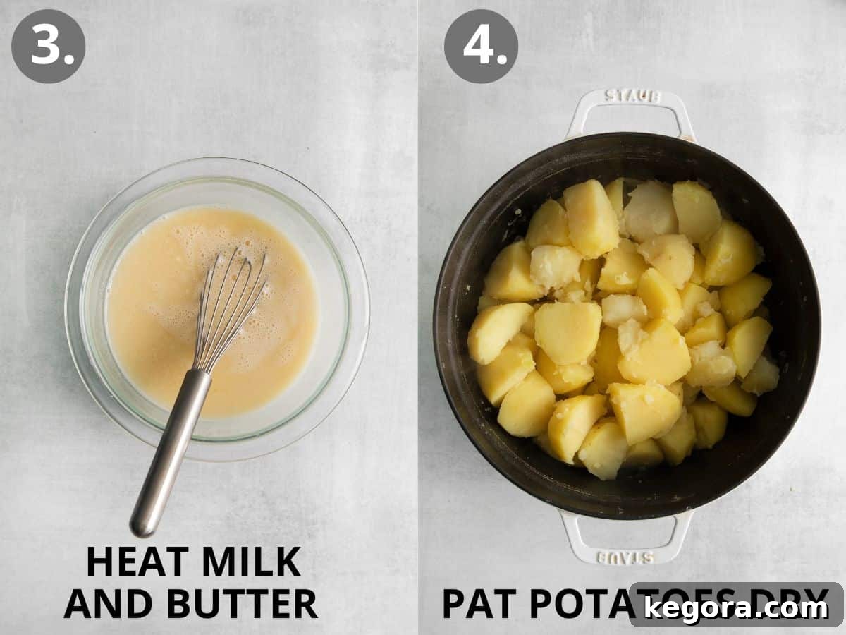 Velvety Dairy-Free Mashed Potatoes 6 Vegan butter and cashew milk in a glass bowl with a whisk, and dry potatoes in a pot.