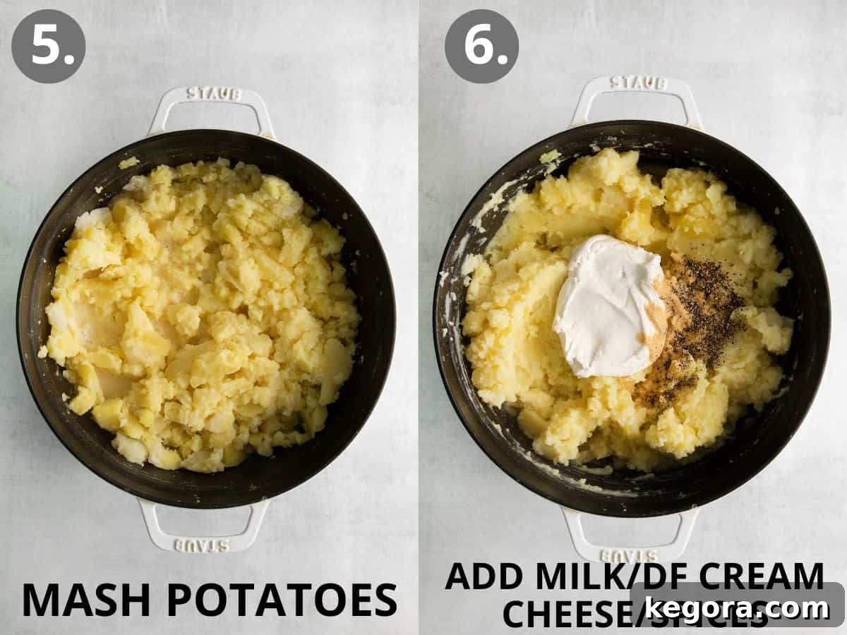 Velvety Dairy-Free Mashed Potatoes 7 Mashed potatoes in a pot, and mashed potatoes with milk and spices on top, ready to be mixed.
