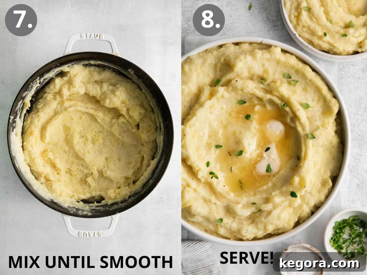 Velvety Dairy-Free Mashed Potatoes 8 Creamy mashed potatoes in a pot, and perfectly mashed potatoes in a serving bowl, garnished.