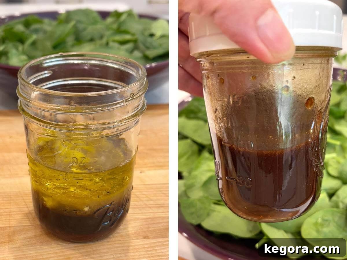 Mixing homemade balsamic vinaigrette in a mason jar.