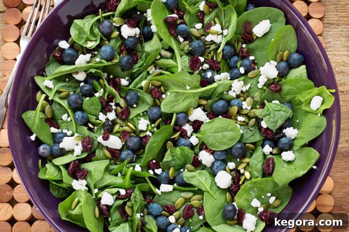 Close-up of an undressed salad with spinach, blueberries, goat cheese, pumpkin seeds, and dried cranberries in a bowl.