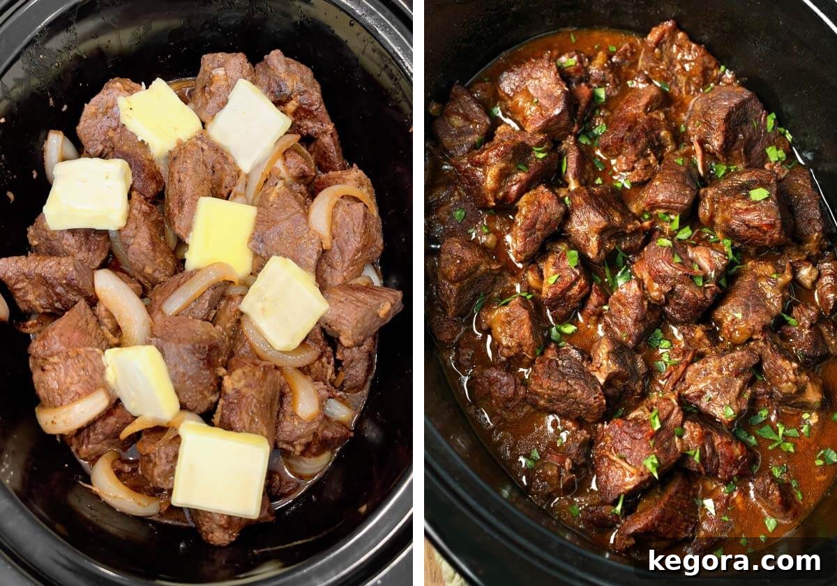 Melt-in-Your-Mouth Slow Cooker Garlic Butter Steak Bites 11 butter pats on beef cubes in crock, beef tips after cooking.