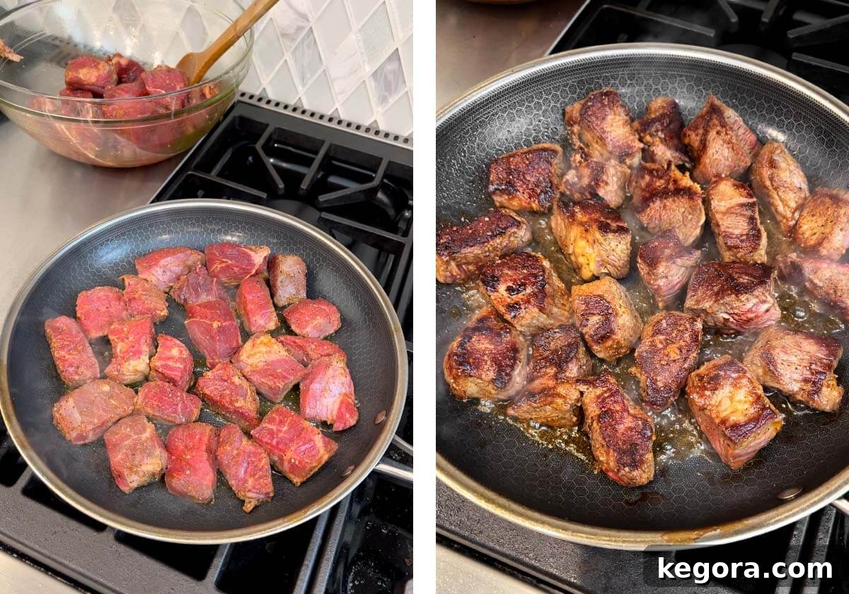 Melt-in-Your-Mouth Slow Cooker Garlic Butter Steak Bites 6 browning beef cubes in a skillet
