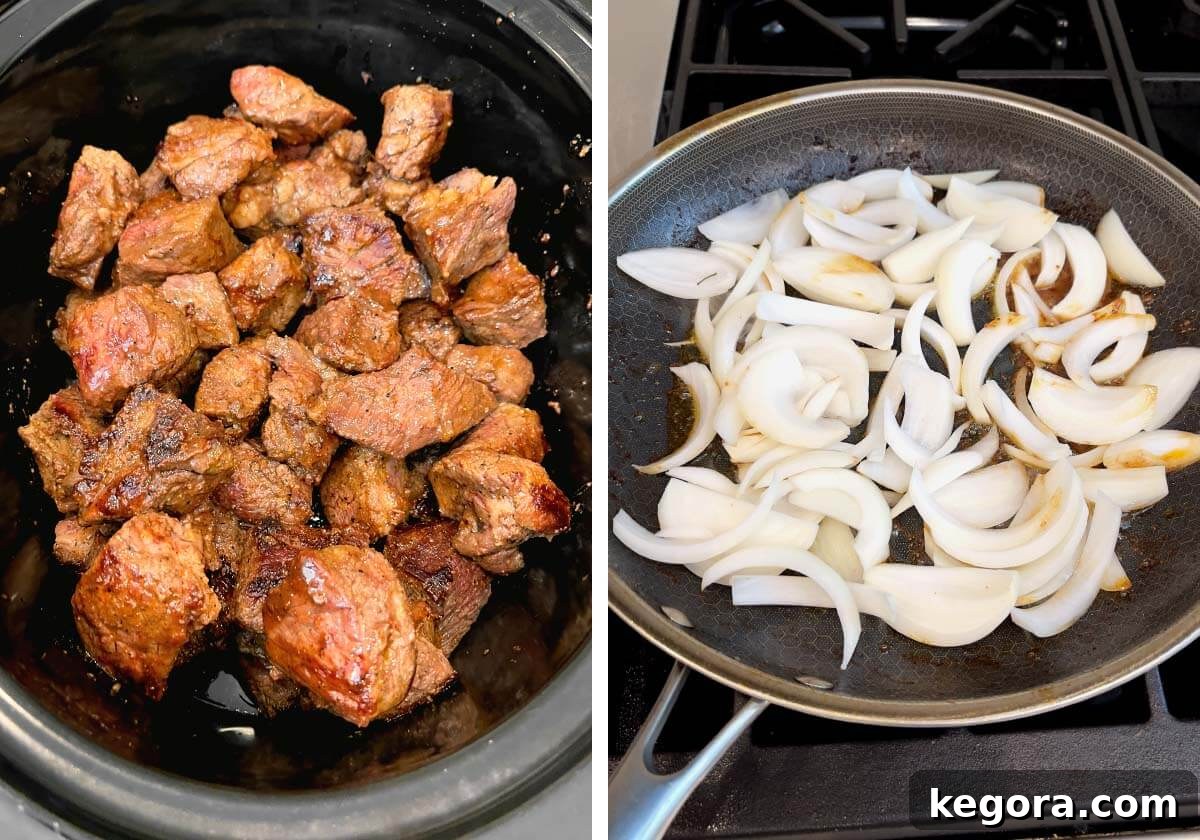 Melt-in-Your-Mouth Slow Cooker Garlic Butter Steak Bites 7 browned beef tips in crock, sautéing onion in skillet.