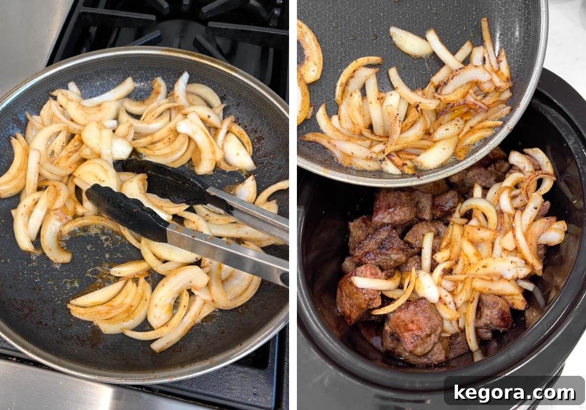 Melt-in-Your-Mouth Slow Cooker Garlic Butter Steak Bites 8 browning onion in skillet, adding onion to beef in crock