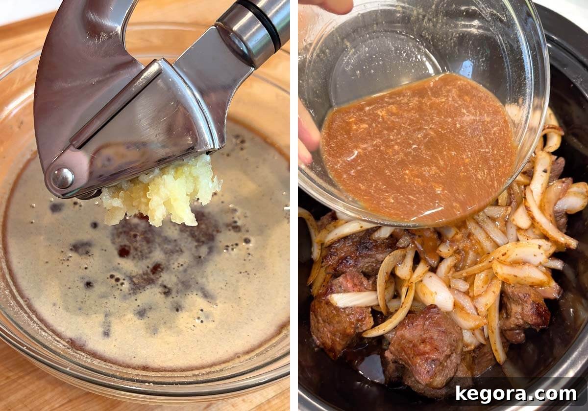 Melt-in-Your-Mouth Slow Cooker Garlic Butter Steak Bites 10 pressing garlic into beef broth mixture, pouring mixture over beef and onion.