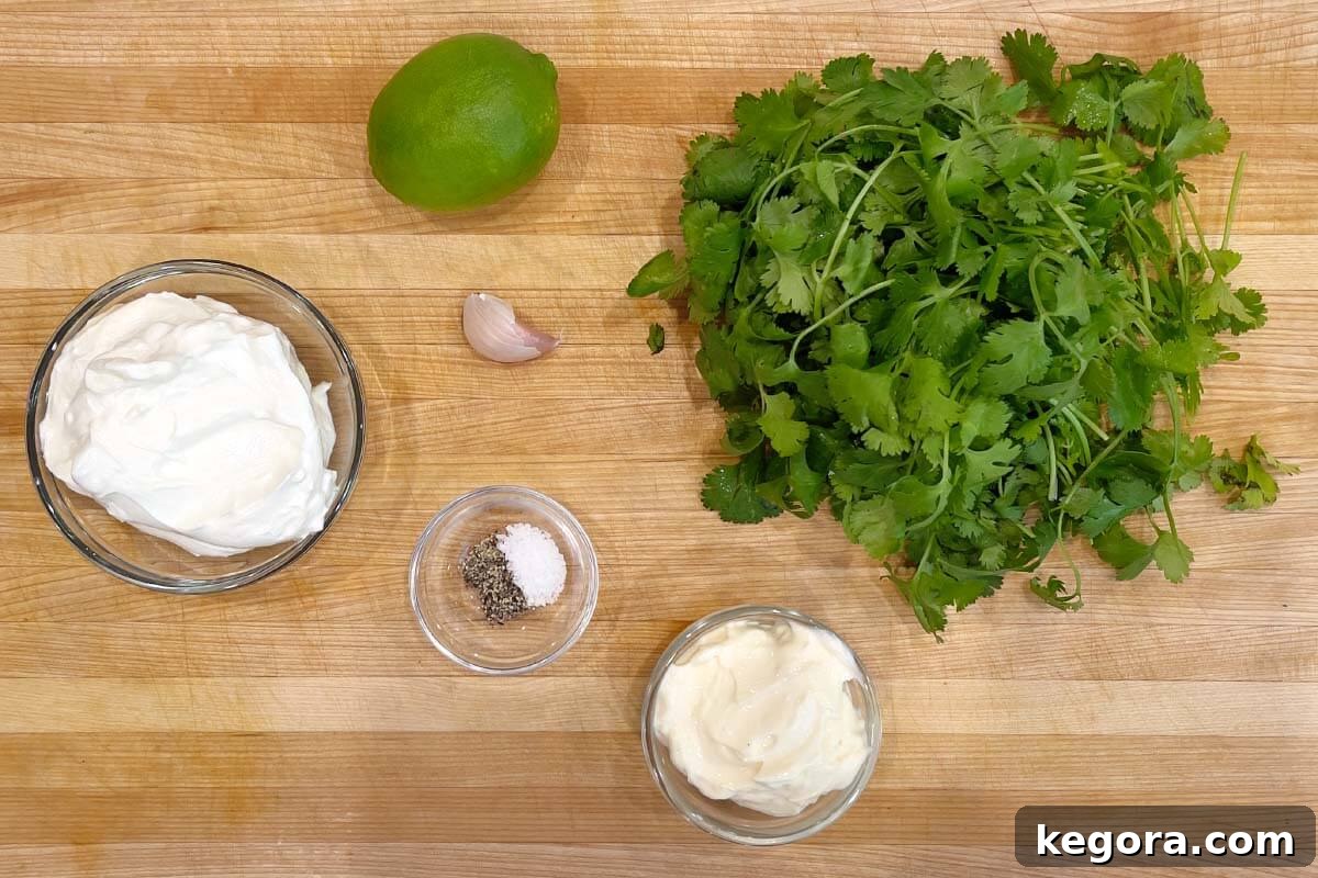 Vibrant Cilantro Cream 5 A flat lay of fresh ingredients for Cilantro Cream Sauce including a bunch of cilantro, limes, garlic, sour cream, and mayonnaise