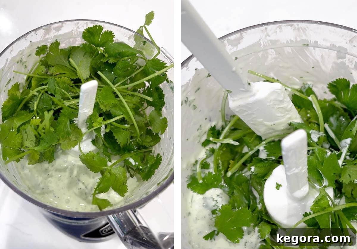 Vibrant Cilantro Cream 8 More fresh cilantro being added to the food processor with a partially blended cream sauce, being pushed down with a spatula for final blending