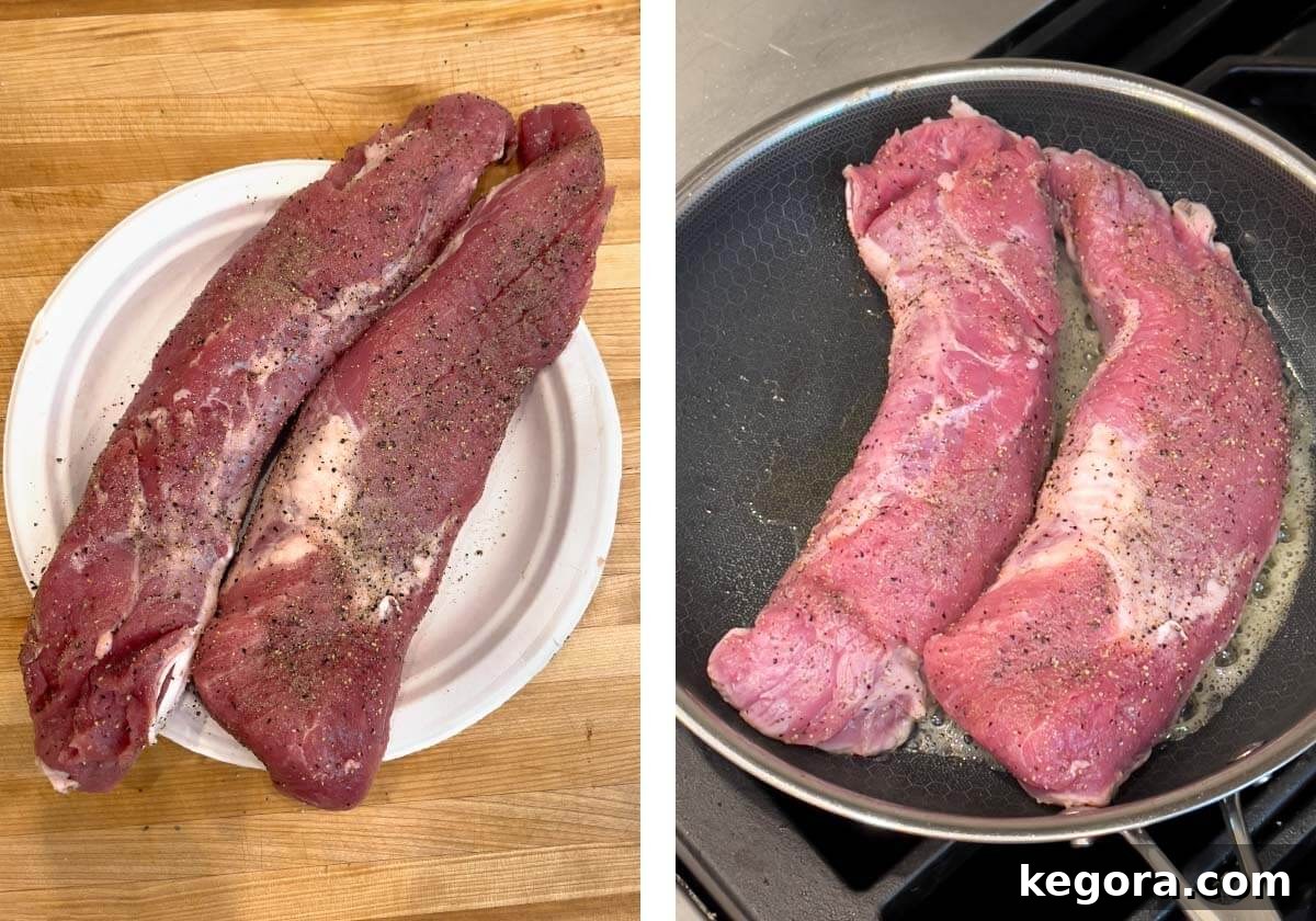 2 raw pork tenderloins seasoned with pepper, then in a skillet