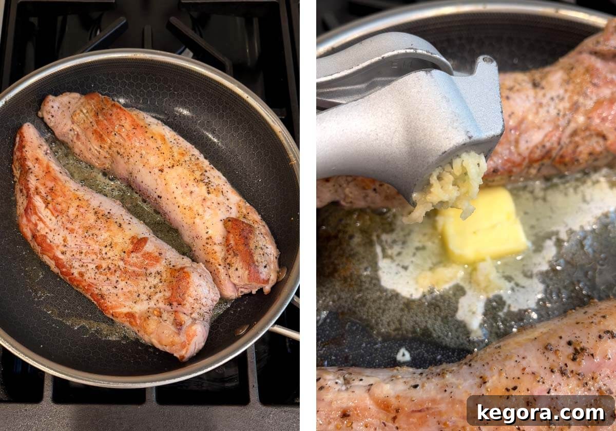 2 pork tenderloins searing in a skillet, butter and garlic added.