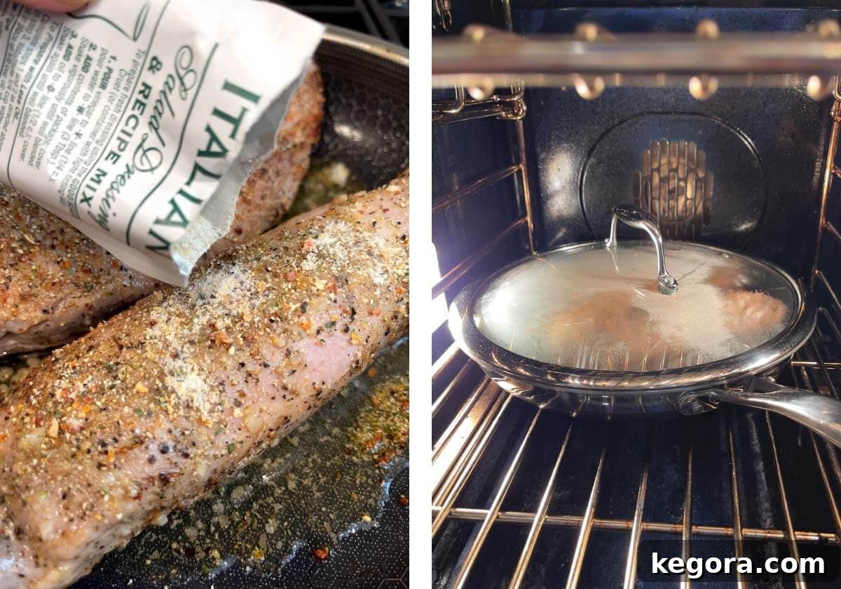 Sprinkling Italian seasoning on pork tenderloin, skillet with lid in oven.