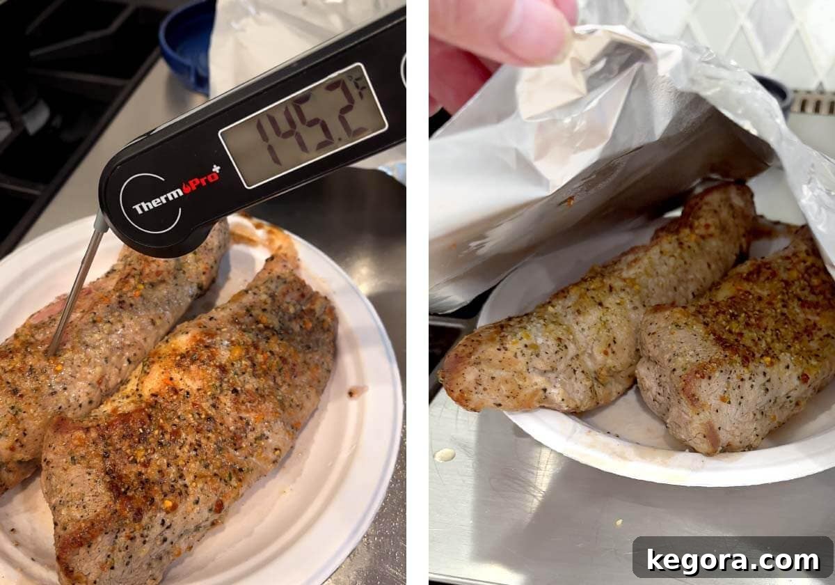taking temperature of pork with digital thermometer, 2 pork roasts under tented foil.