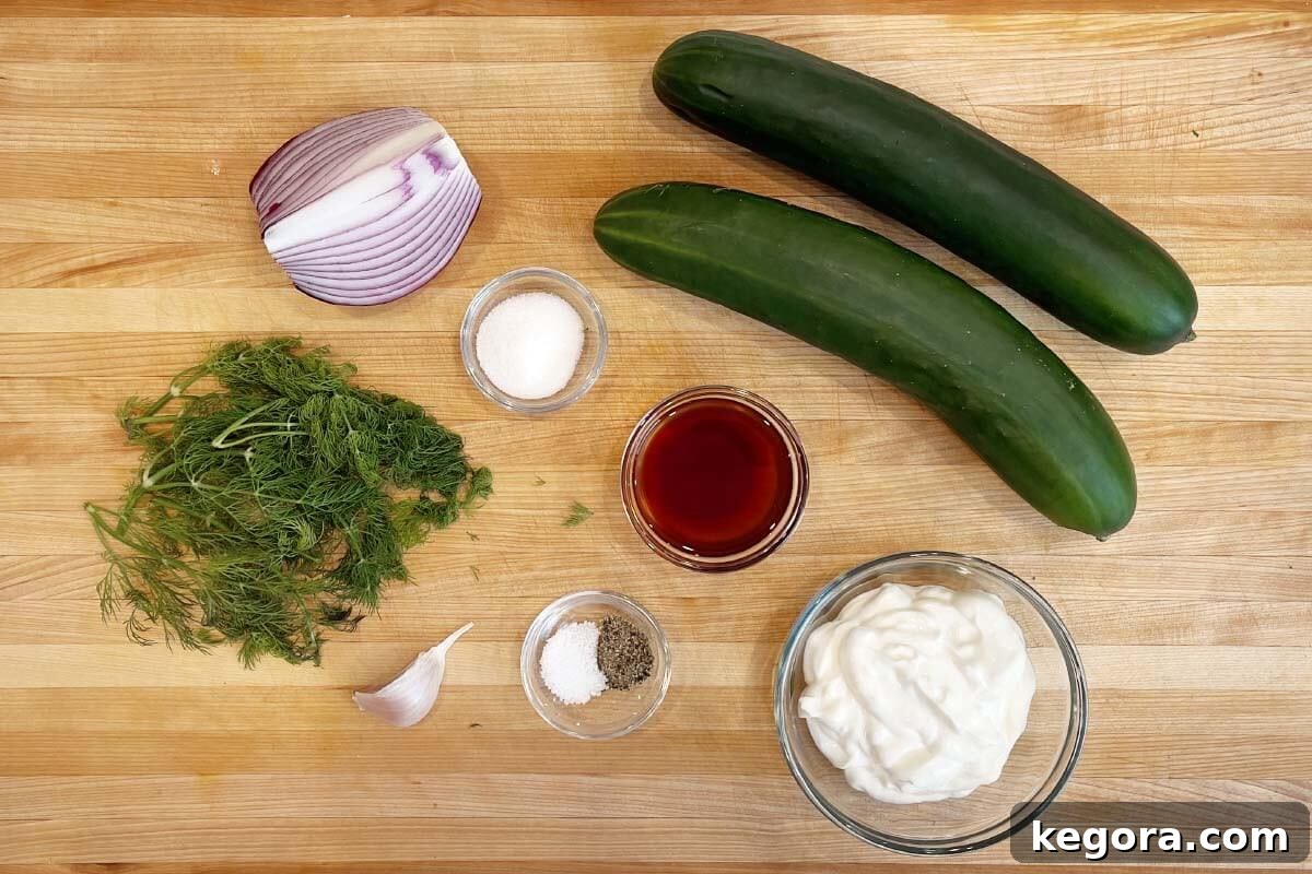 Fresh Dill Cucumber Delight 4 Creamy Dill Cucumber Salad ingredients on a board