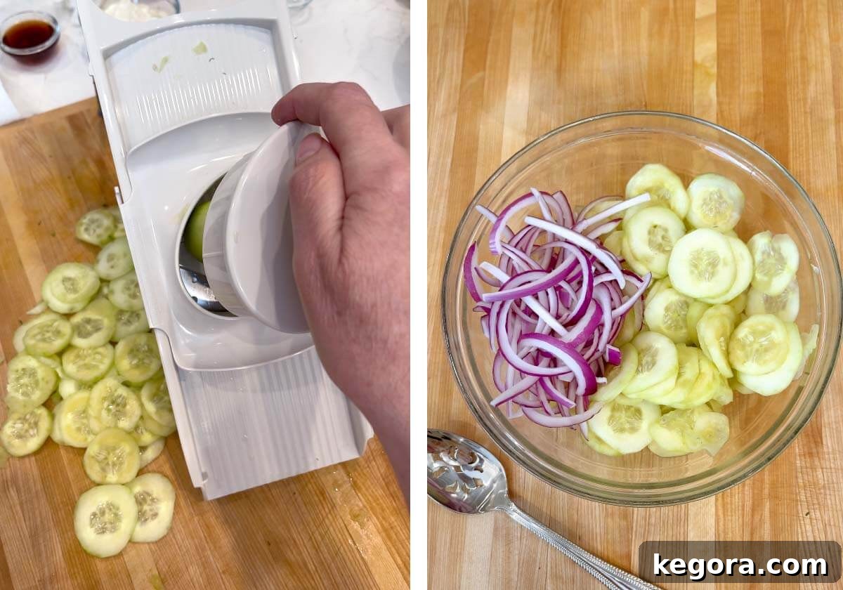 Fresh Dill Cucumber Delight 5 slicing cucumber with mandolin, cucumber slices in a sieve in a bowl adding salt.