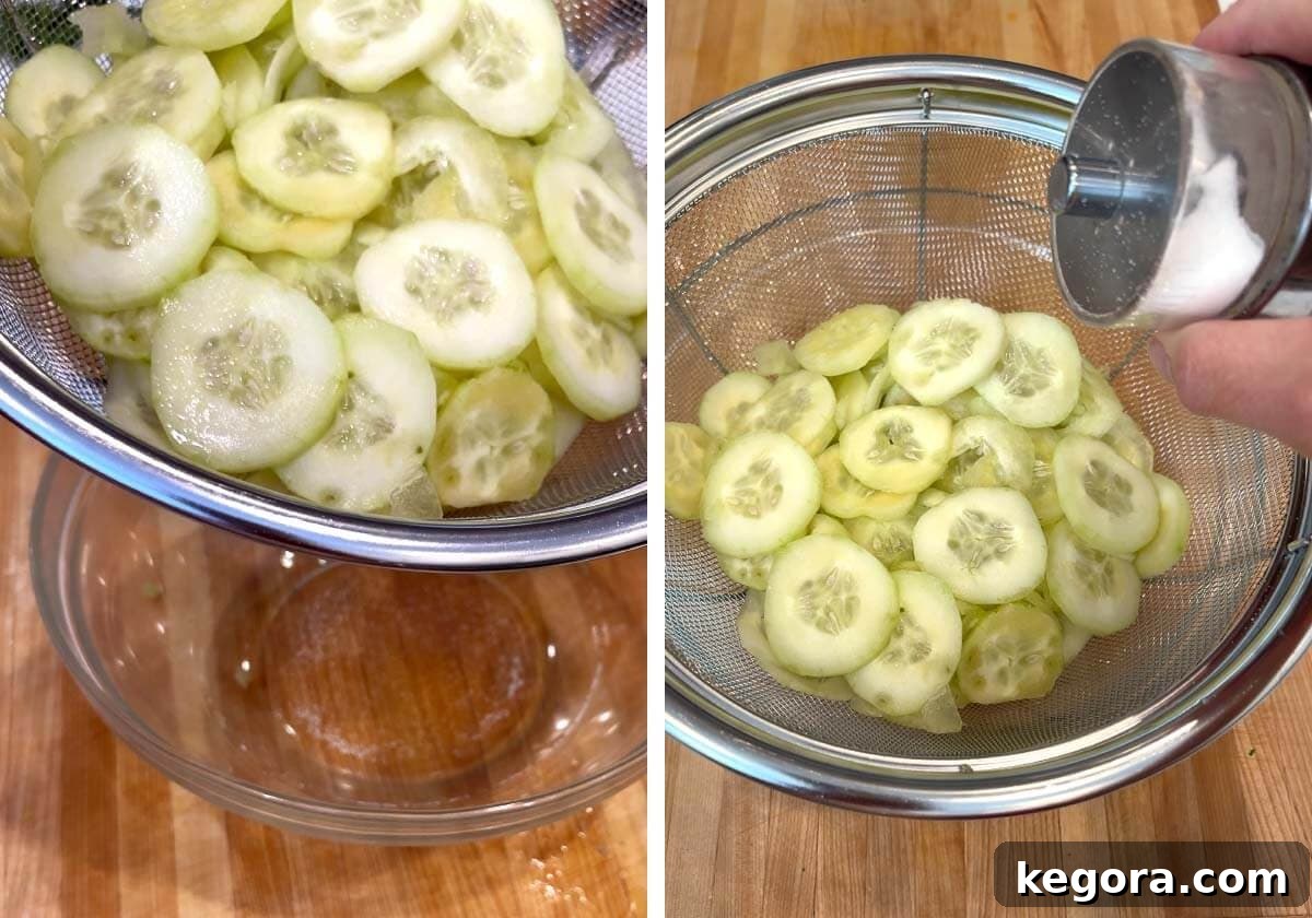 Fresh Dill Cucumber Delight 6 sliced cucumbers in sieve over a bowl, salting the cucumber slices.
