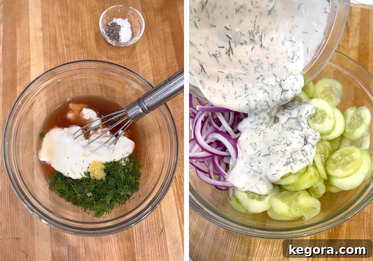 Fresh Dill Cucumber Delight 7 creamy dill dressing ingredients in a bowl with whisk, pouring dressing over cucumbers and red onion.
