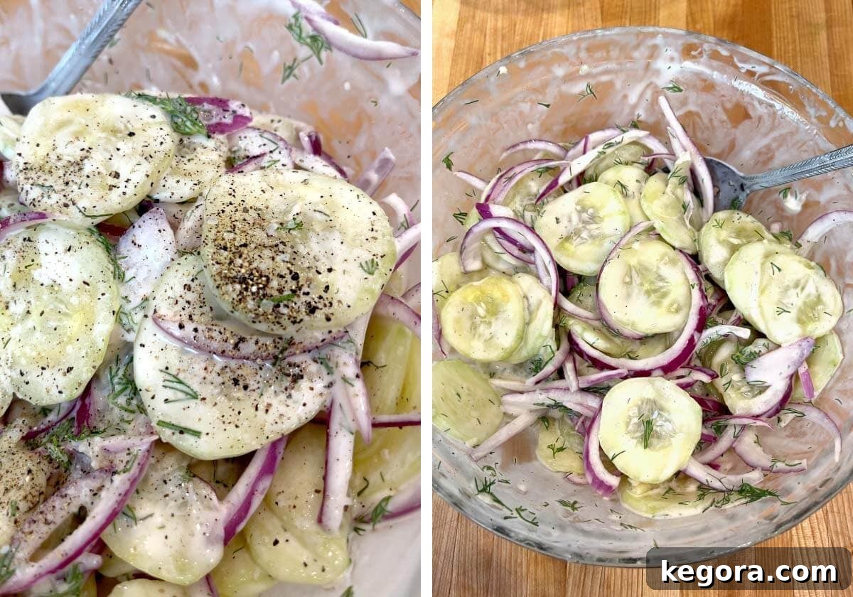 Fresh Dill Cucumber Delight 8 pepper added to salad, salad mixed in bowl.