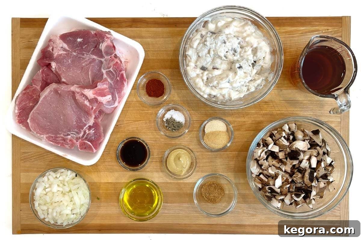 Ağır Pişiricide Lokum Kıvamında Mantar Soslu Pirzola 4 ingredients shot on board of pork chops and spices