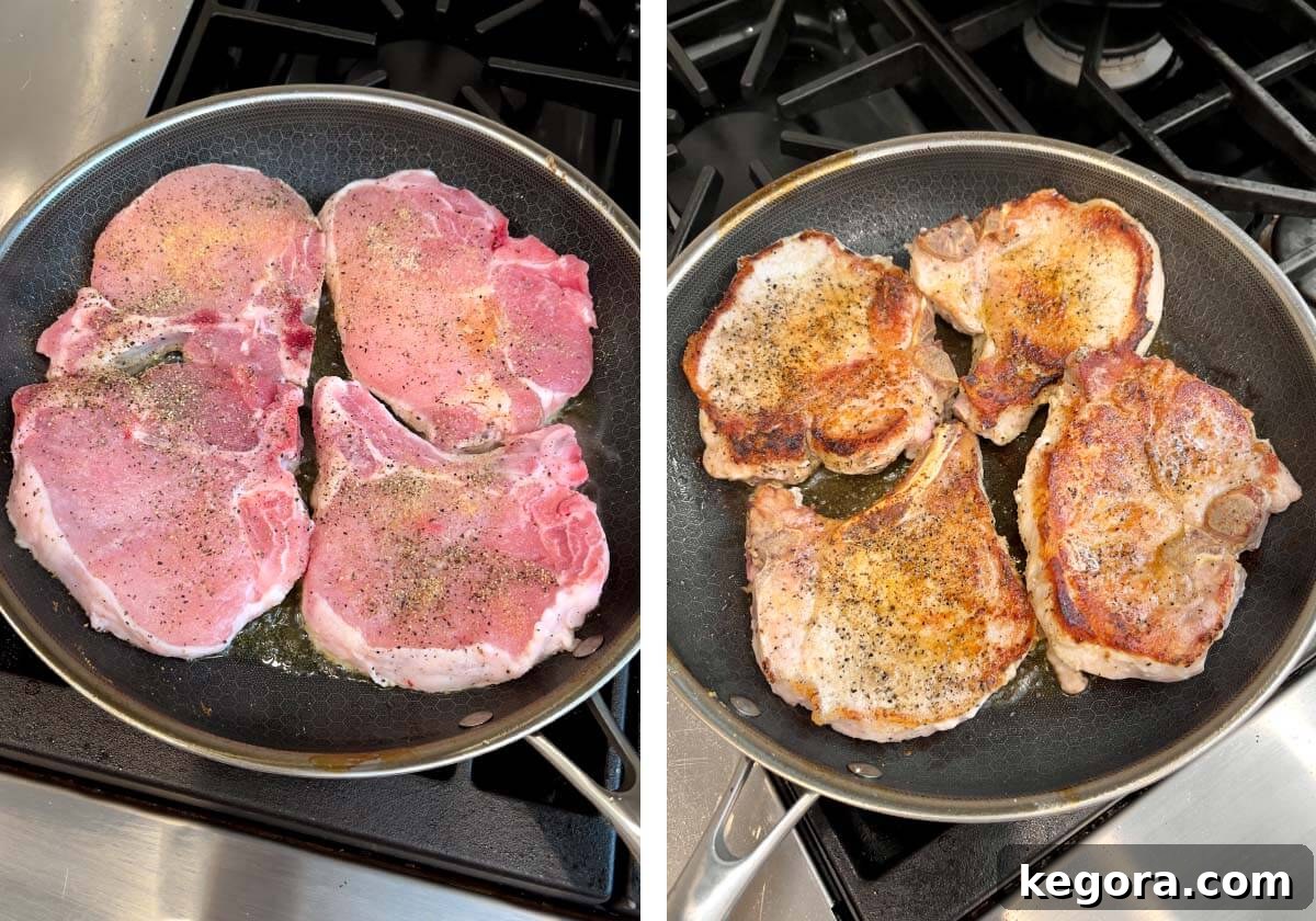 Ağır Pişiricide Lokum Kıvamında Mantar Soslu Pirzola 5 Browning pork chops in a skillet for slow cooker meal