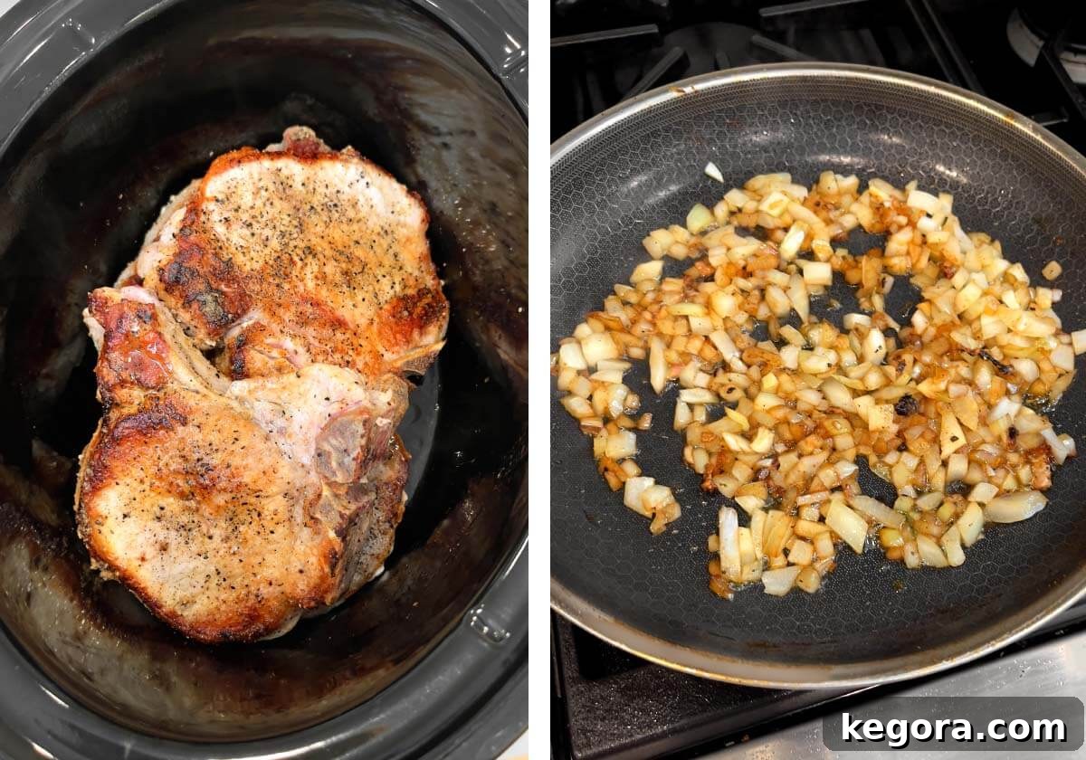 Ağır Pişiricide Lokum Kıvamında Mantar Soslu Pirzola 6 Seared pork chops in slow cooker, browning onions in skillet