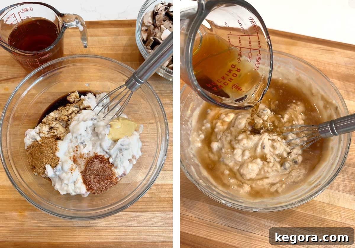 Ağır Pişiricide Lokum Kıvamında Mantar Soslu Pirzola 7 Whisking gravy ingredients together in a bowl