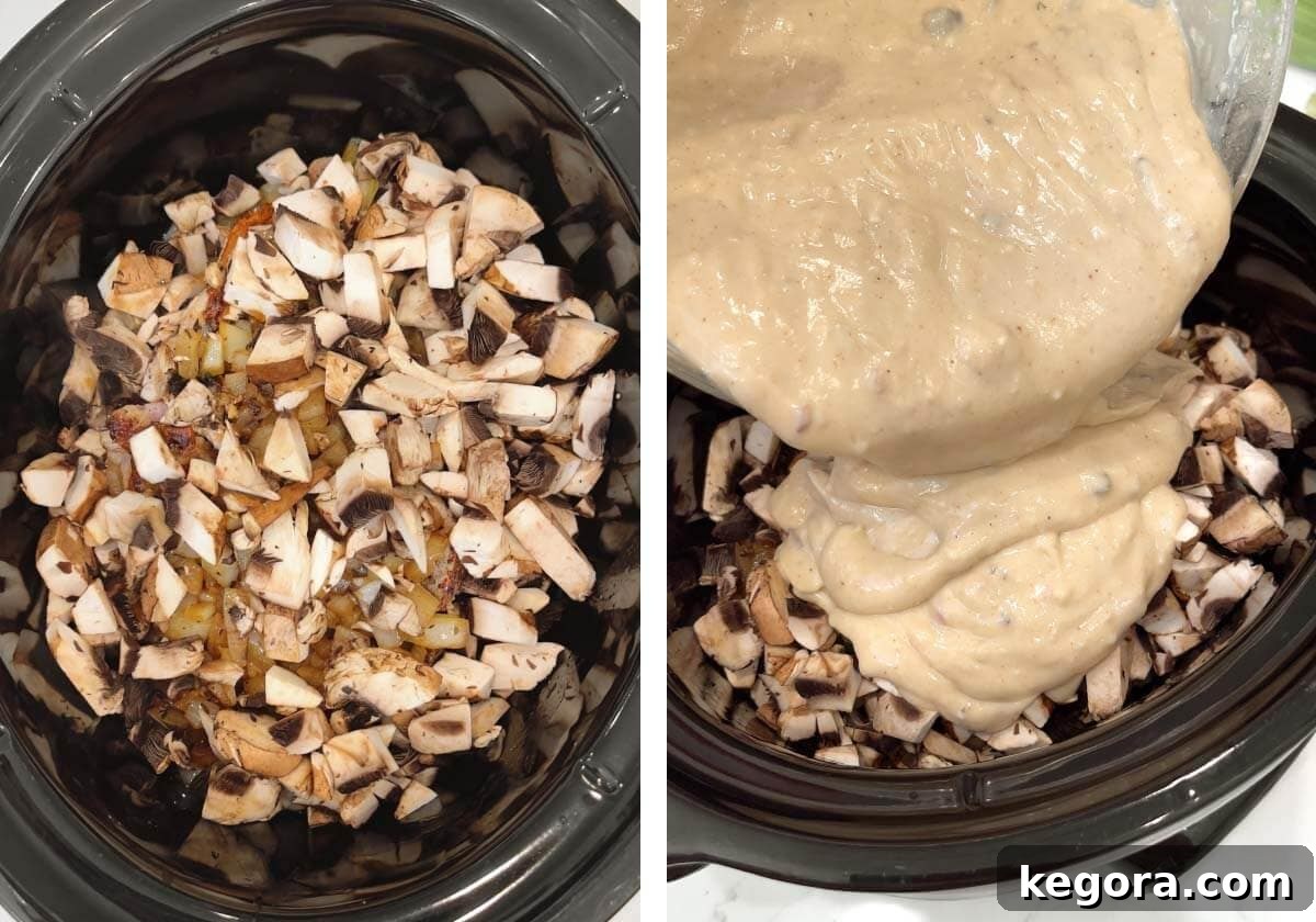 Ağır Pişiricide Lokum Kıvamında Mantar Soslu Pirzola 8 Onion and mushrooms added to slow cooker, pouring gravy mixture over pork chops