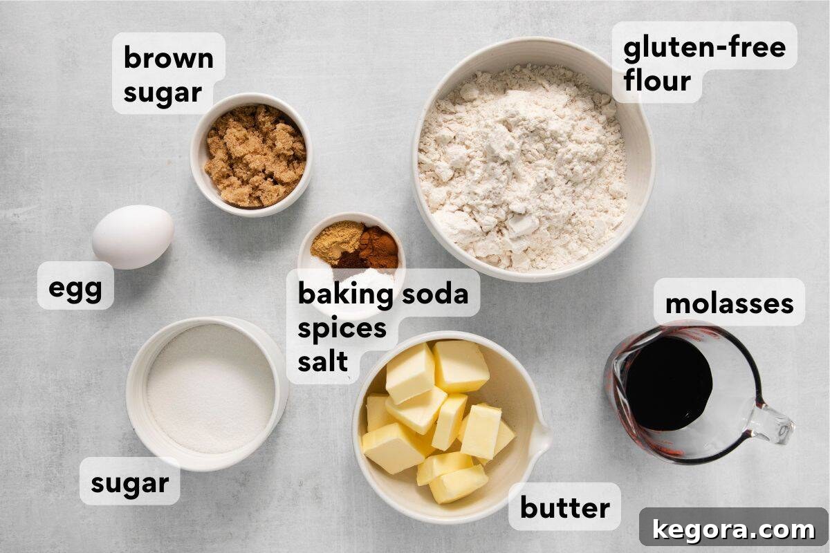 Zesty Gluten-Free Ginger Bites 4 Measured and labeled ingredients for gingersnaps, including flour, spices, and molasses.