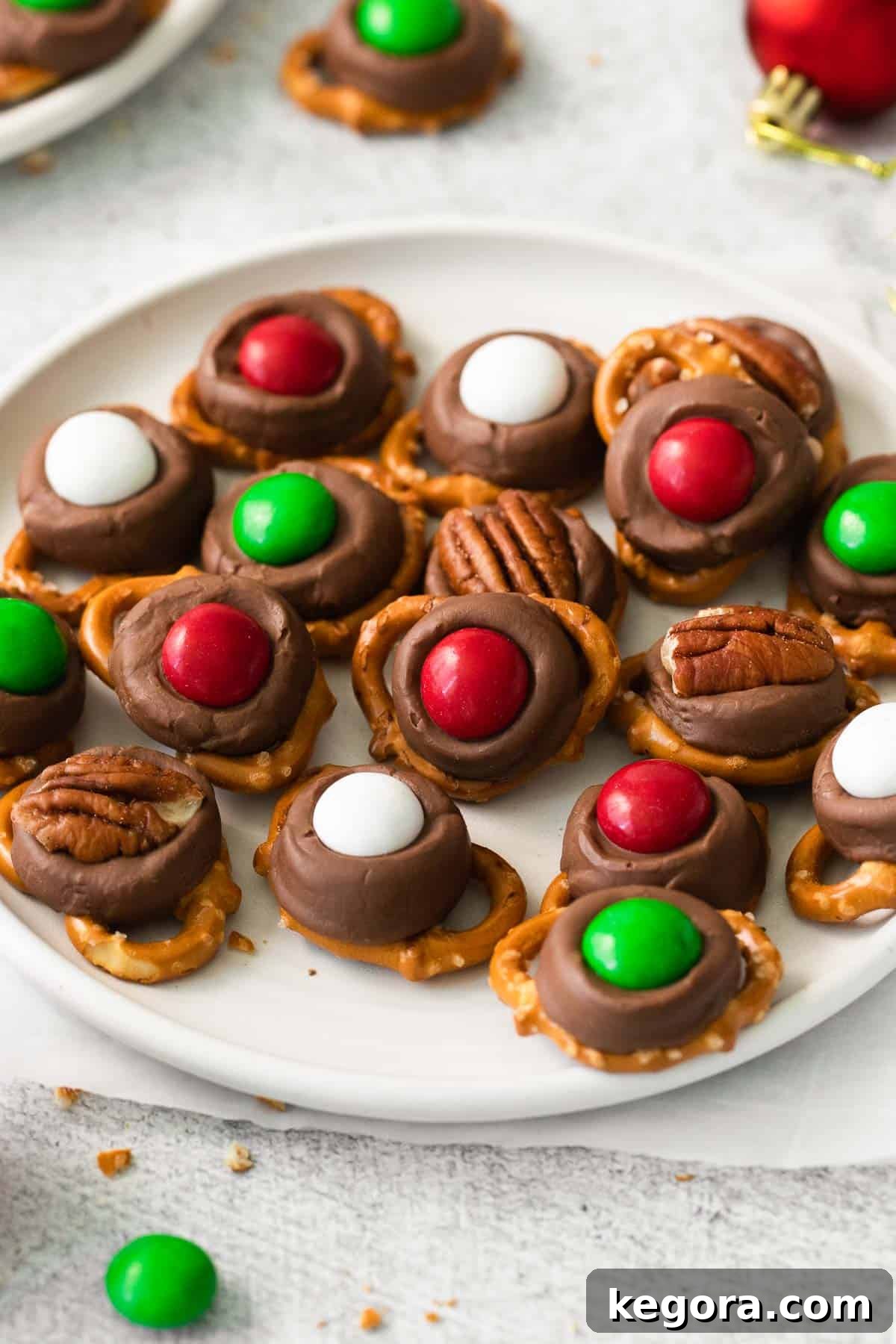 A beautifully arranged plate of Rolo pretzel bites, showcasing their enticing sweet and salty appeal.