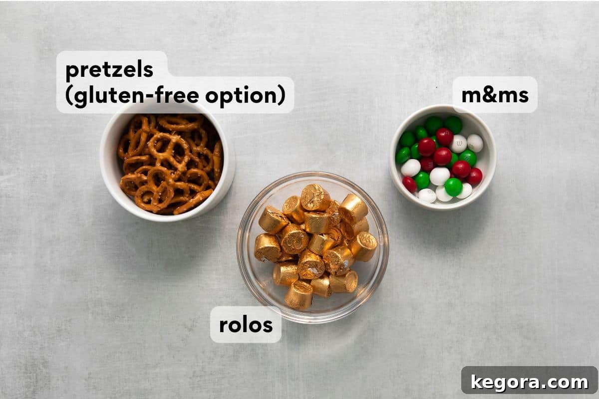 Individual ingredients for Rolo pretzel bites: pretzels, Rolo candies, and M&M's, laid out and ready for assembly.