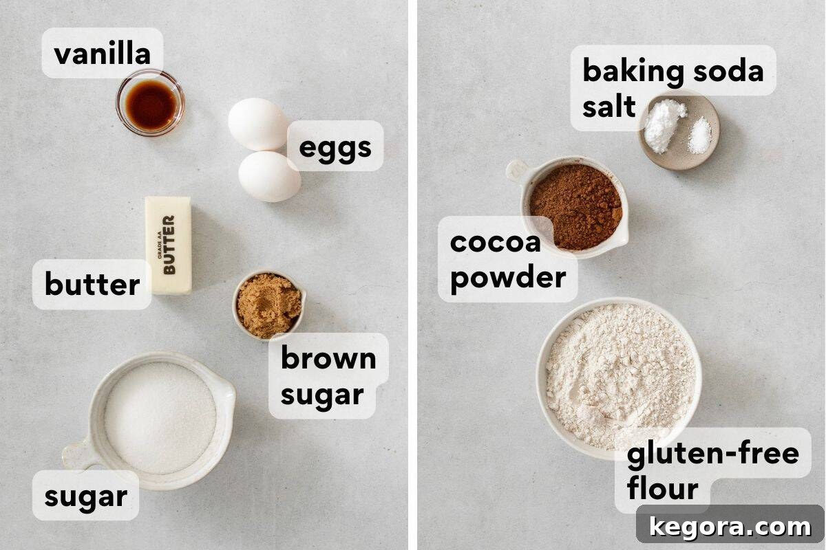 Measured and labeled ingredients laid out for making chocolate crinkle cookies, including flour, cocoa powder, sugars, butter, and eggs.