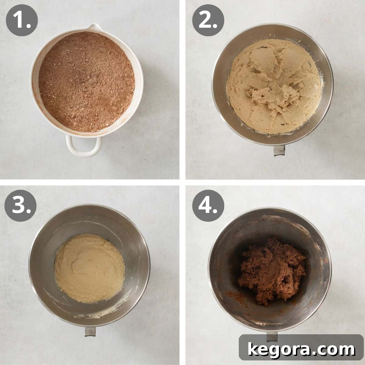 Three step-by-step images showing the process of making chocolate crinkle cookie dough: whisking dry ingredients, creaming butter and sugar, and mixing wet and dry ingredients.