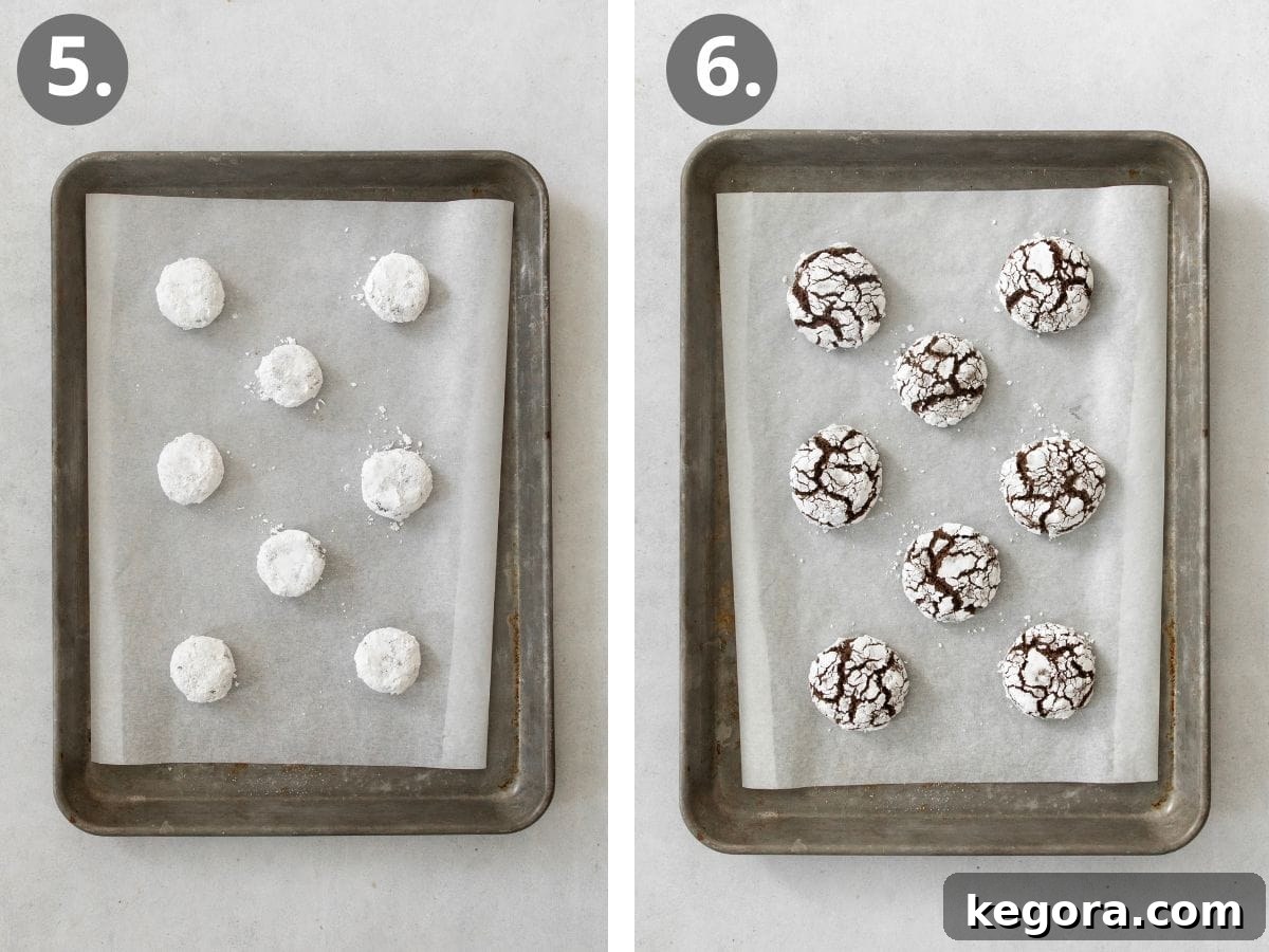 Three step-by-step images showing how to shape and roll chocolate crinkle cookie dough balls in sugar, place them on a baking sheet, and the final baked cookies with crinkles.
