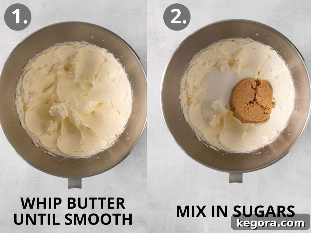 Gluten-Free Thumbprint Delights 5 First two steps of making thumbprint cookies: whipping butter until smooth and adding granulated and brown sugars.