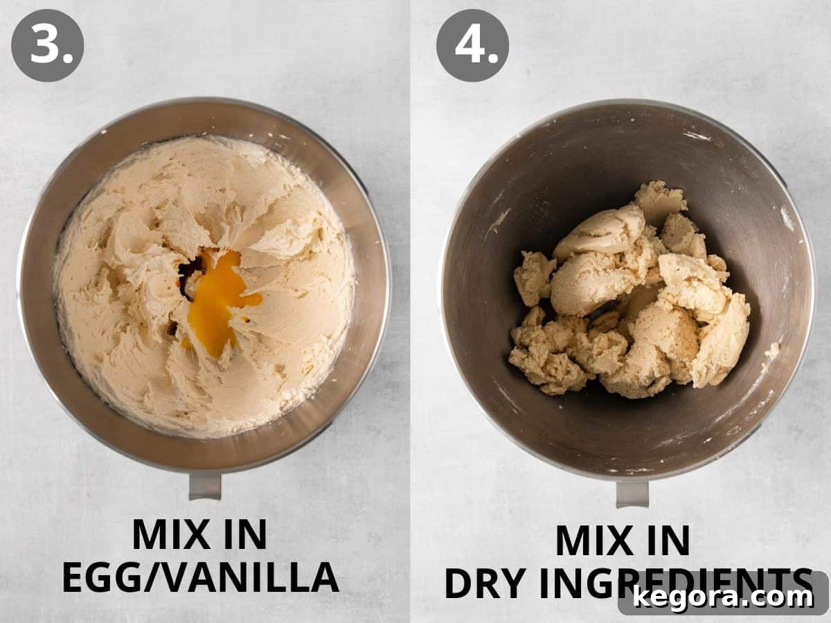 Gluten-Free Thumbprint Delights 6 Steps three and four of making thumbprint cookies: mixing in egg yolk and vanilla, then incorporating dry ingredients.