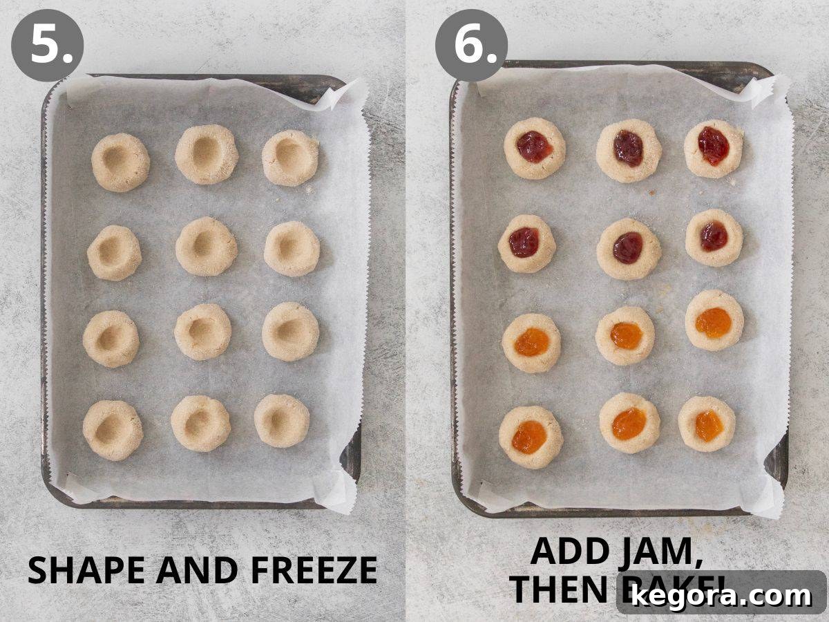 Gluten-Free Thumbprint Delights 7 Final steps of making thumbprint cookies: shaping dough balls, pressing indentations, filling with jam, and baking to golden perfection.